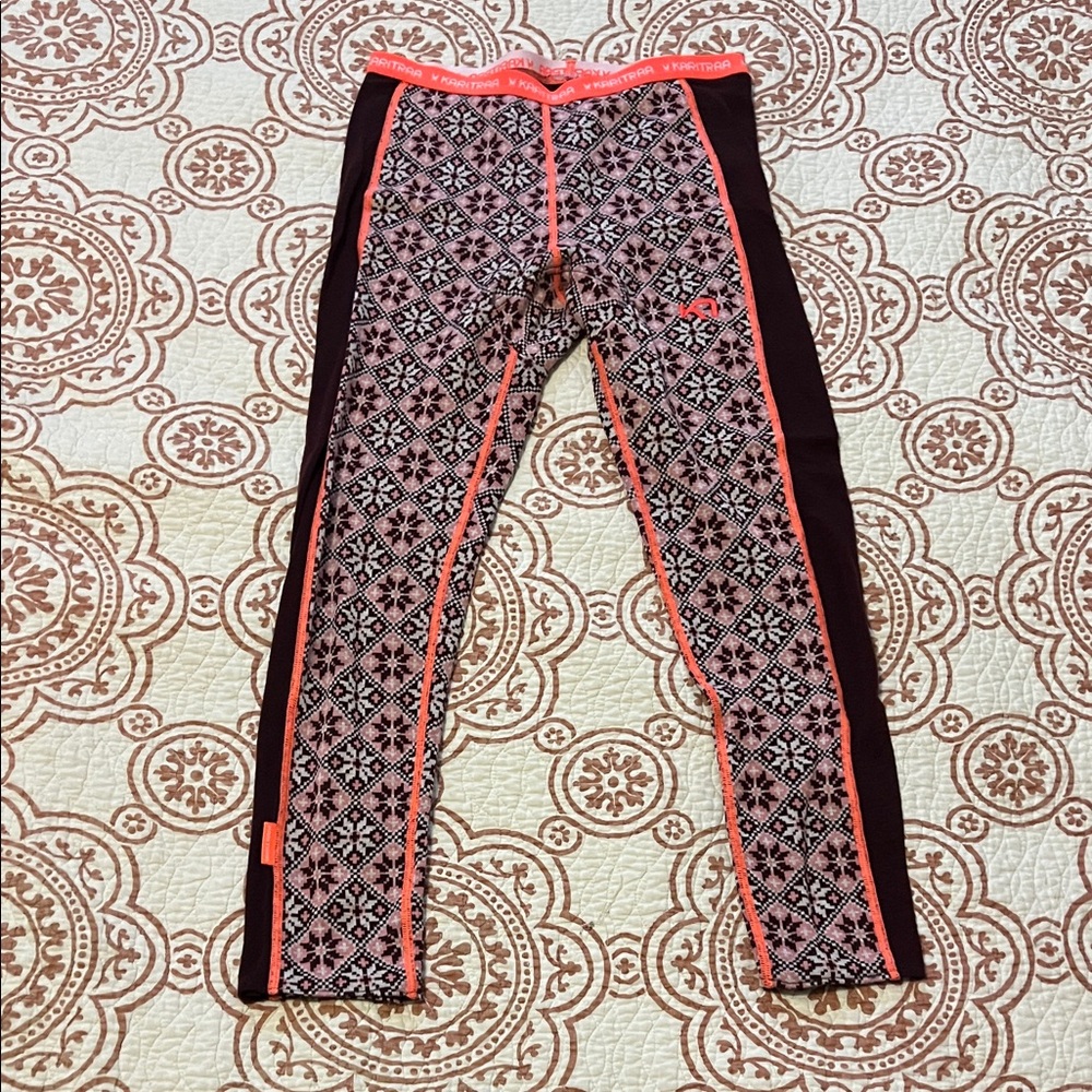 Kari Traa 100% Merino Wool Womens S Base Layer Patterned Leggings Pink Rose